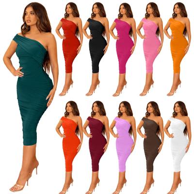 China 2022 Sales Anti-static Oblique Shoulder Even Midi Dress Women Elegant Long Pencil Dresses for sale