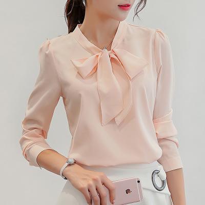 China Anti-pilling ready to ship elegant pink bow tie white shirt for women summer simple korean long sleeve blouse for sale