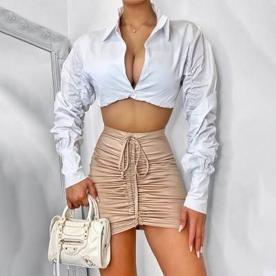 China Women Anti-Pilling Boat Long Sleeve Casual Blows Autumn Ready Tops Streetwear Fall Lapel Sexy Crop Button Down Shirt for sale