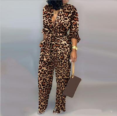 China Anti-pilling drop shipping ladies quick shirt autumn long sleeve overalls with belt leopard print camouflage overalls for sale