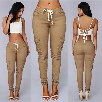 China Anti-wrinkle stretch material plus size panties for women with multi side pockets skinny khaki cargo pants for sale