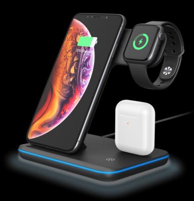 China Hot Sale 3-in-1 15W Wireless Charger Desktop Wireless Charger Microphone For Apple Watch Phone Headphone Radio Charging Dock for sale