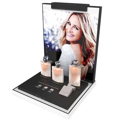 China Shields Sneeze Guard Transparent Black Acrylic Cosmetic Skin Care Products Display Rack Holder L-Shaped Set for sale