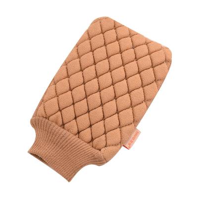 China EXFOLIATE Hot Selling Double Function Fashion Dual Function Rough Hammam Brown Polyester Green Blue Green Squishy Glove Exfoliating Glove for sale