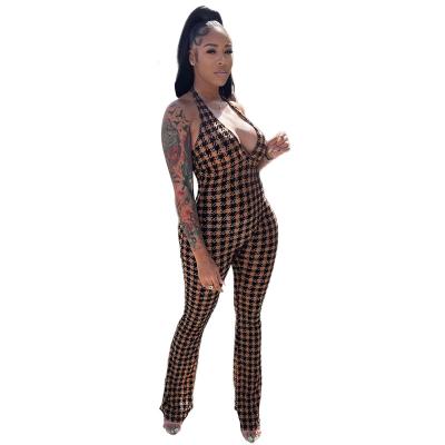 China New Sexy Party Women's Overalls Plaid Pattern V Sleeveless Deep Backless Bodycon Overalls QUICK DRY for sale