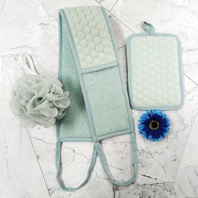 China Custom Exfoliating Back Scrubber Long Handle Strap Belt Back Body Bath Double Sided Squishy Material for sale