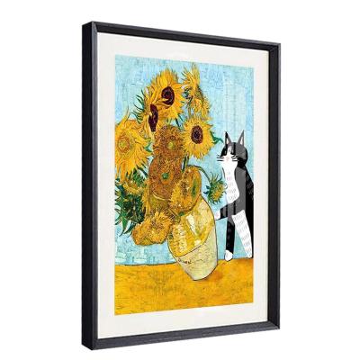 China Cat Knocked Sunflower Retro Wall Decor Posters and Prints Funny Black Contemporary Van Gogh Art Painting Canvas With Floated Frame For Room for sale