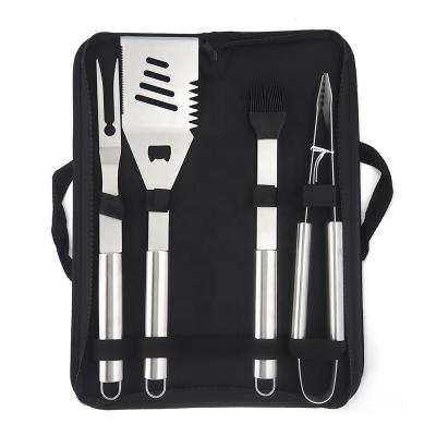 China Easily Cleaned Custom 4 Piece GRILL Stainless Steel BBQ Grill Grilling Turner Fork Tongs Basting Brush Tool Kit with Portable Carry Bag for sale