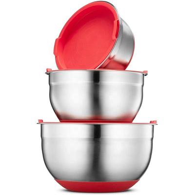 China 3 Pieces 1.5qt 3.0qt 4.6qt Stainless Steel Kitchen Salad Tool Nesting Mixing Bowl Set Set With Bottom Silicone Red Black Lids for sale