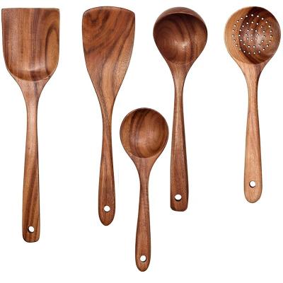 China Sustainable Teak Wood Kitchen Accessories Tools Wood Cookware Set Food Grade Reusable Cookware Utensil Set For Home for sale