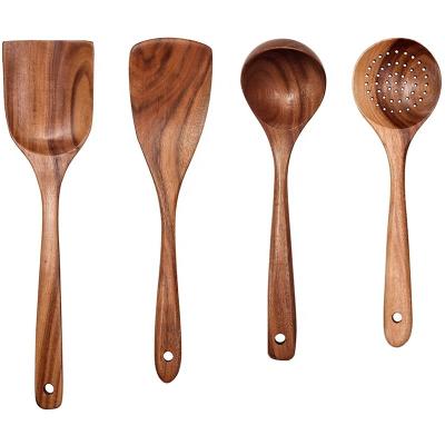 China 4 Piece Sustainable Handcrafted Natural Teak Wood Kitchen Utensils Set Wooden Cooking Spoons Tools Non Stick Cookware for sale