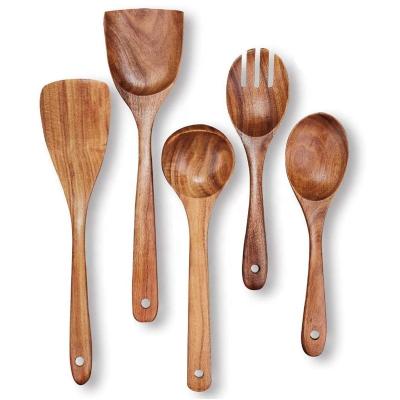 China Free Sample Viable 5 Piece Teak Wood Kitchen Accessories Cooking Tools Instruments Utensil Set for sale