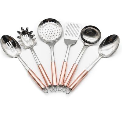 China Best Quality Viable Rose Gold Stainless Steel Kitchen Accessories Tool Kitchen Utensil Set With Copper Plated Handle for sale