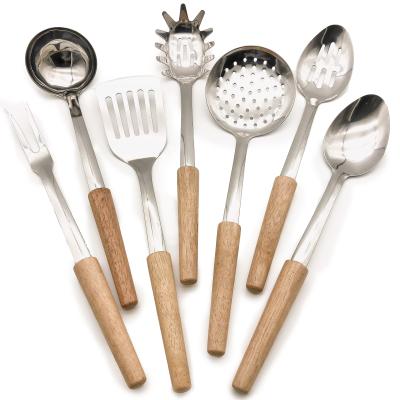 China Best Sustainable Quality 7 Pieces Stainless Steel Kitchen Accessories Utensil Set With Wooden Handle for sale