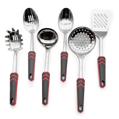 China Cheapest 6 Pieces Sustainable Kitchen Utensil Tool Accessories Kitchen Stainless Steel Set With Black Red Plastic Handle for sale