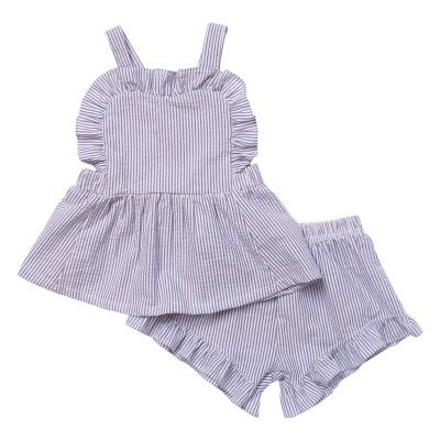 China 100% Cotton Seersucker Summer Beach Casual Dress Shorts Ruffle Stripe Kids Girls Set Outfits for sale