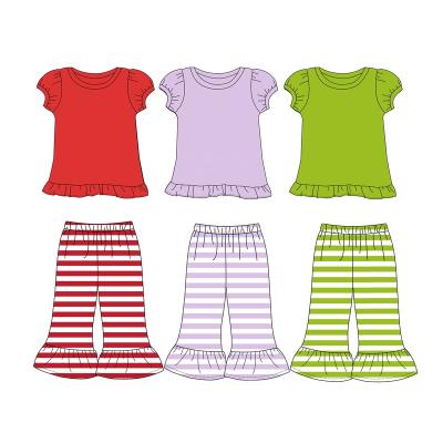 China Cotton Stripe Loungewear Summer Casual 2 Piece Ruffle Panty Set Girls Boutique Top Outfit for sale