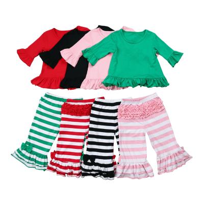 China New Design Spring Summer Girl's Casual 3/4 Sleeve Clothing Ruffle Outfits Hangers Striped Cotton Kids Girls Sets for sale