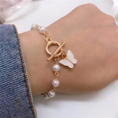 China 2021 TRENDY best selling luxury silver gold link chain beaded bracelet with butterfly charms for women girls for sale