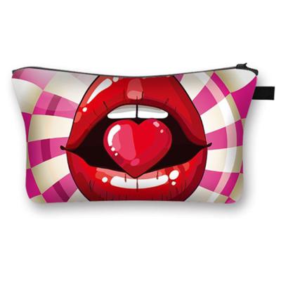 China Bridesmaid Gift Women's Red Lip Makeup Bag 3D Printing Handbag Cosmetic School Bag With Zipper Coin Purse for sale