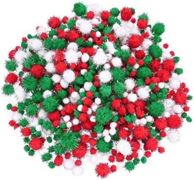 China 900 Pieces Christmas Pom Poms Red Green White Glitter Balls DIY Art Crafts Decorations Glitter Pompoms Glitter Balls 4 Sizes Fluffy Balls for sale