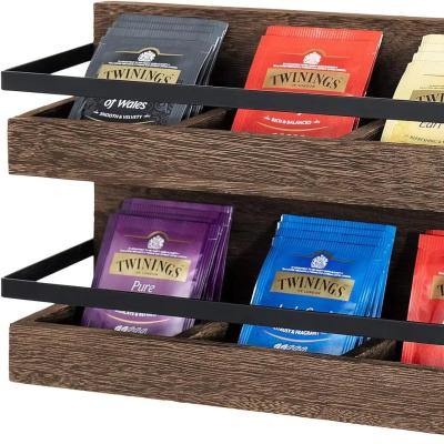 China 2 Tier Rustic Wood Tea Bags Holder Wall Mounted Tea Box for Coffee Condiment Display Shelf Tea Rack for sale