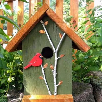 China Hand Painted Cardinal And Birch Trees TIMBER Wood Birdhouse For Bird Conservationists for sale