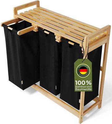 China 24x13x22cm Handmade Bamboo Laundry Basket Hamper with Two-Section Removable Sliding Bags for sale