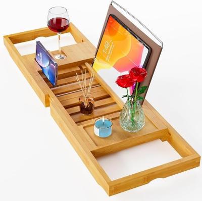 China Expandable Wooden Bathtub Tray Caddy with Book and Phone Holder Custom Logo Acceptable for sale