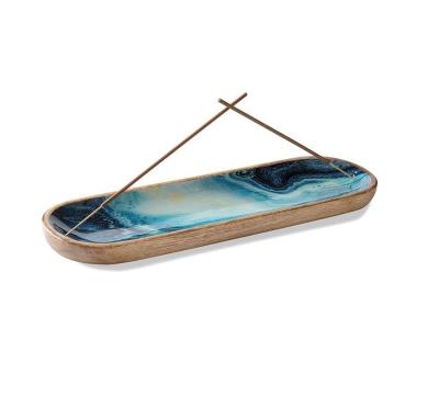 China Rectangle Wooden Incense Holder for Sticks Industrial Gift Craft Blue Mango Wood for sale