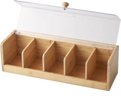 China 100 Theepakket Capaciteit Houten Theebok Natuurlijke Houten Bamboe 5 Compartment Organisator Te koop