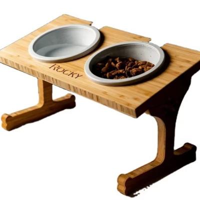 China 15-Degree Tilt Pet Bowl Stand Customized Wood Printing Laser Engrave Two Removable Bowls for sale