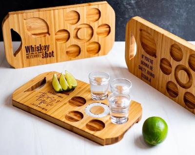 China Modern Stylish Bamboo Board Flight Beer Tray with Engraved Wood Shot Glass Holders for sale