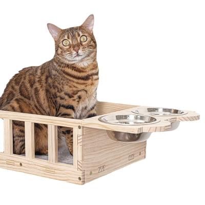 China Modern Design Style Wall Mounted Wood Cat Feeder Shelf With Two Bowls Custom Service for sale