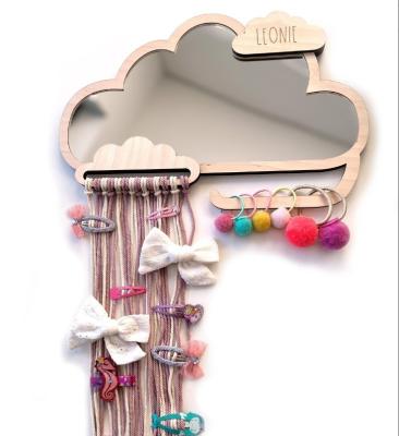 China Custom Cloud Shaped Wooden Framed Children Mirror with Hair Clip and Rubber Band Holders for sale