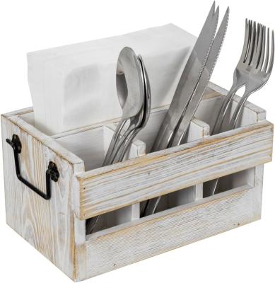 China Non-folding Rack for Utensils and Napkins White Washed Solid Wood Black Metal Handles for sale