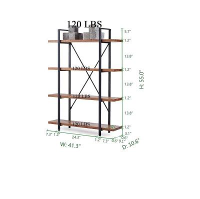 China Rectangle 4 Tier Natural 4 Shelf Rustic Solid Real Wood Bookshelf Metal Bookcase Living Room Furniture for sale