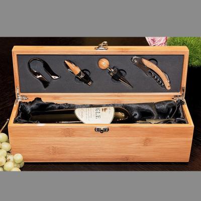 China Industrial Toy Bamboo Single Wine Bottle Wood Storage Gift Case with 4 Essential Tools for sale