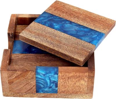 China Modern Ocean Blue Epoxy Wood Resin Coaster With Holder The Perfect Choice For Any Home for sale