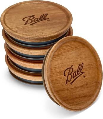 China Non Spill Custom Size Logo 5-Pack Wide Brown Acacia Wood Ball Jar Wooden Storage Lids for sale