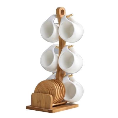 China Stocked Six-Piece Ceramic Cup Set with 200 ml Capacity and Mug Coaster on Bamboo Stand for sale