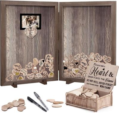 China Wood Glass Rustic Wedding Guest Book with Silk-screen Printing Frame and Wooden Heart for sale