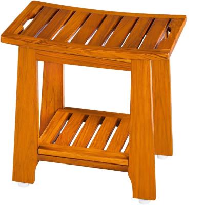 China Wooden Bathroom Spa Bathing Stool with Handle and Shelf in Natural Color Teak Wood for sale