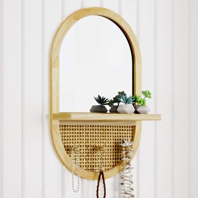 China Bathroom Bedroom Entryway Living Room Decorative Mirrors Wall Mirror with Shelf and Coat Hooks Wood Framed for sale