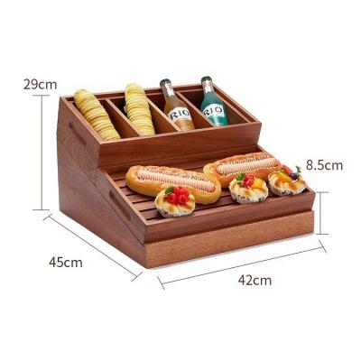 China Sapele Wood Buffet Restaurant Tableware Display Rack Catering Food Bread Display Stand for sale