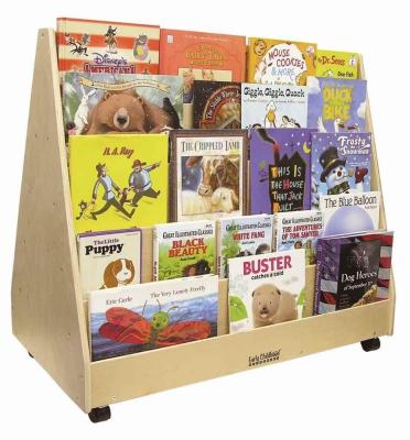 China Classroom Bookshelf Kids Storage Cabinet with Stain Color and Double-Sided Mobile Book Display for sale