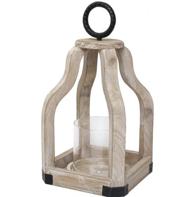 China Outdoor Patio Decor Wood Candle Lantern with Glass Candlestick Holder Printing Burned for sale