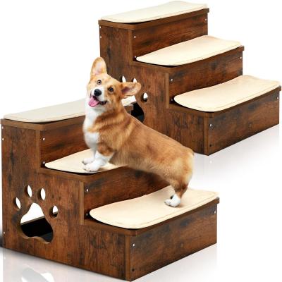 China OEM 3 niveles Escaleras de madera para perros Escalones antideslizantes Escaleras para cachorros con almacenamiento Alfombra lavable en venta