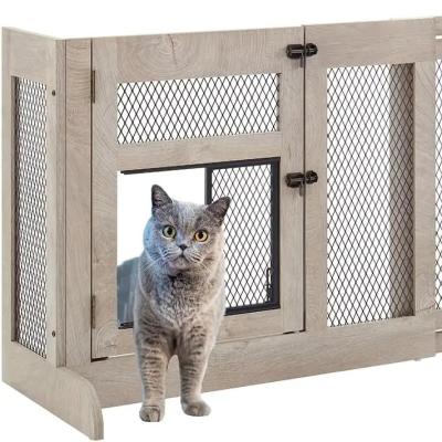 China High Quantity Wooden Free Standing Dog Gate with Cat Door Mesh and Customized Logo for sale