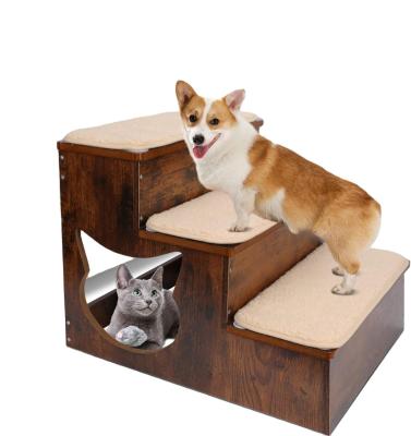 Chine 3 niveaux Escaliers en bois pour chiens Escaliers en bois massif pour animaux de compagnie avec des coussins antidérapants et un tapis lavable à vendre